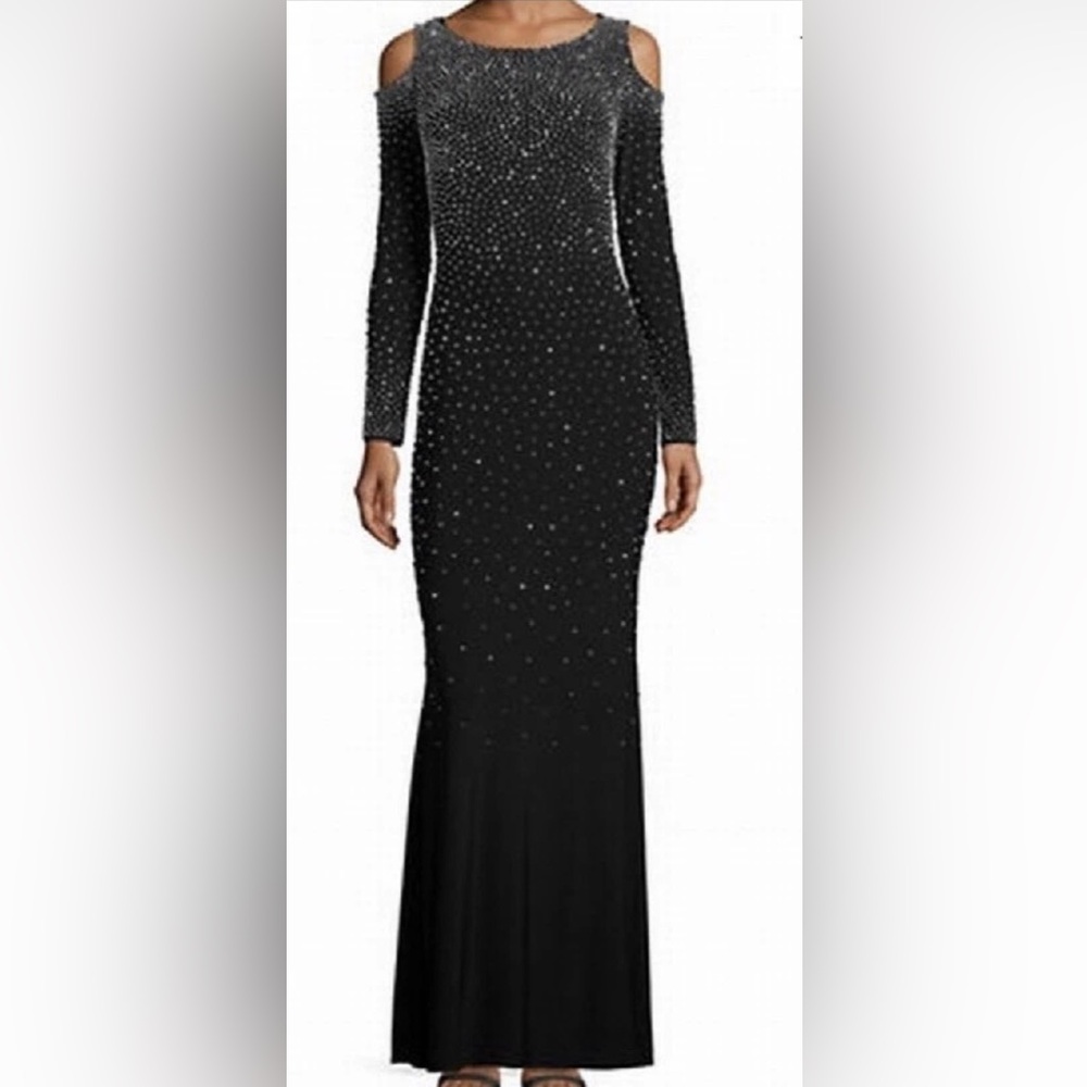 Xscape Black Size 4 Beaded Sparkly Cold-Shoulder Sheath Maxi Dress Long Sleeve